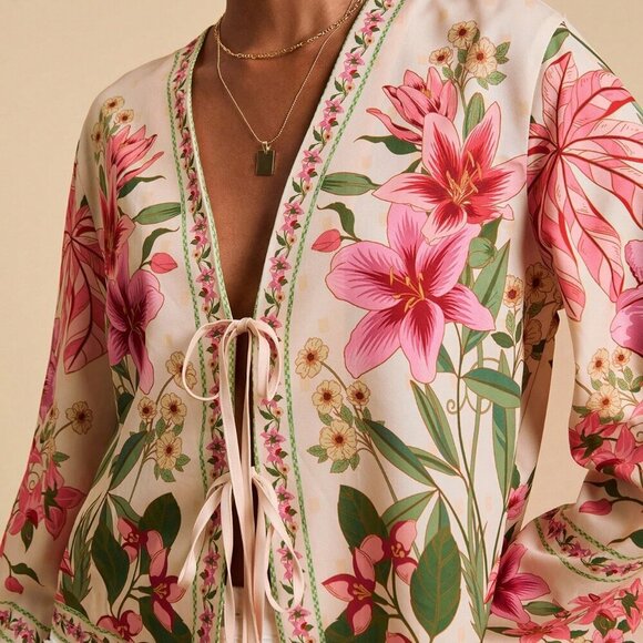 Boho Womens Floral Print Long Sleeve tie detailed Blouse Shirt - Picture 5 of 5